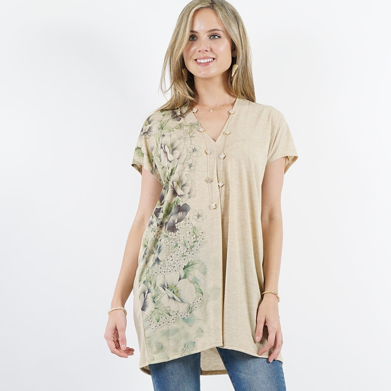 Floral V-Neck Loose Fit Tunic - Natural