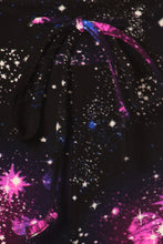 Load image into Gallery viewer, Close up details of the space print with the featured pink with purple haze Nebula ready for Summer cropped leg.
