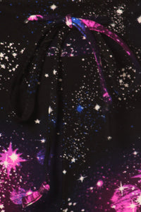 Close up details of the space print with the featured pink with purple haze Nebula ready for Summer cropped leg.