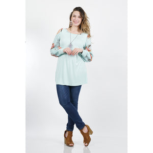 Asymmetric cut-out shoulder print sleeve tunic-Plus Size