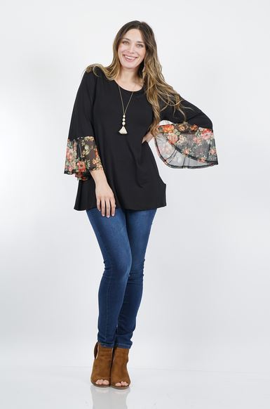 Plus Floral Print Bell Sleeve Tunic Top-Black