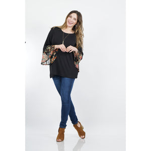 Plus Floral Print Bell Sleeve Tunic Top-Black