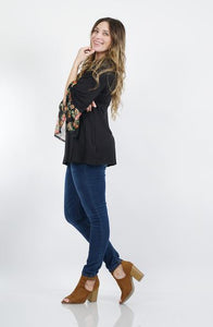 Plus Floral Print Bell Sleeve Tunic Top-Black