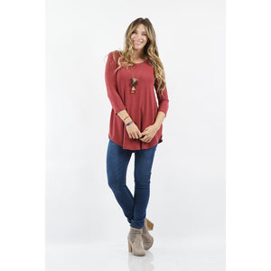Plus 3/4 Sleeve Round Neck and Round Hem Tunic top - Brick