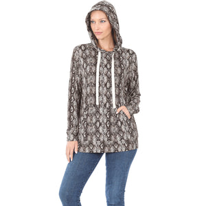 Snakeskin Print Kangaroo Pocket Plus Size Hoodie - Brown