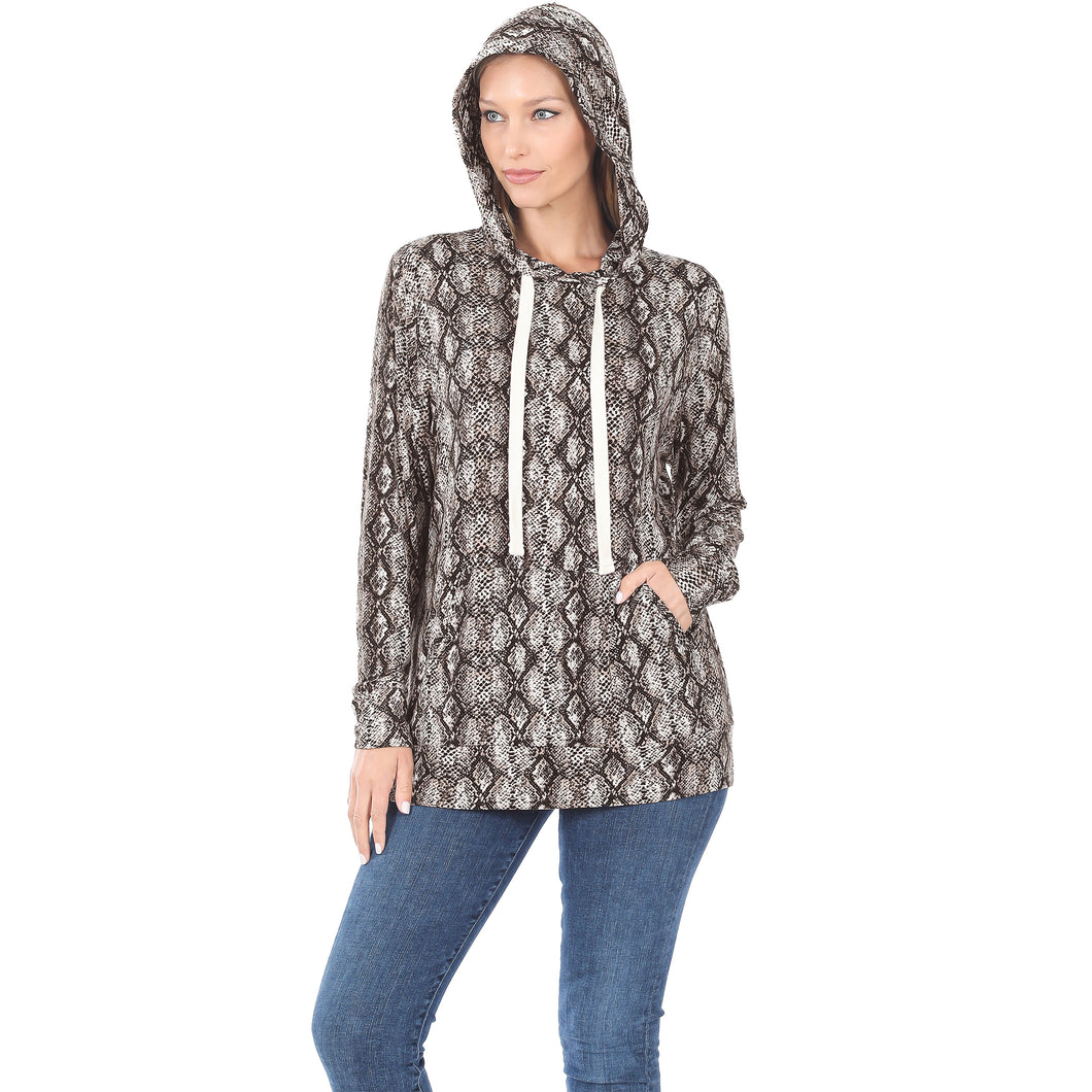 Snakeskin Print Kangaroo Pocket Plus Size Hoodie - Brown