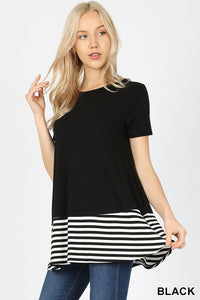 Short Sleeve Color Block Tunic with Stripes-Black