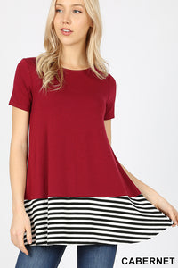 Short Sleeve Color Block Tunic with Stripes-Cabernet