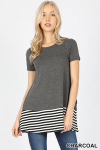 Short Sleeve Color Block Tunic with Stripes-Charcoal