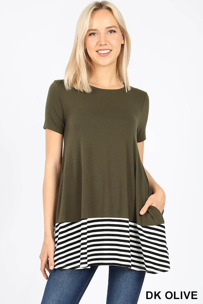 Short Sleeve Color Block Tunic with Stripes-Olive