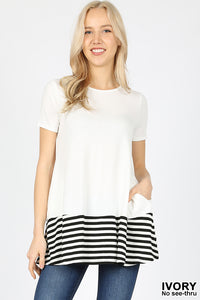 Short Sleeve Color Block Tunic with Stripes-Ivory